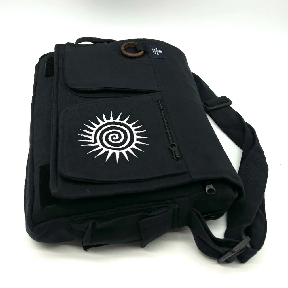 Black Cotton Laptop Messenger Bag with Swirl Embroidery